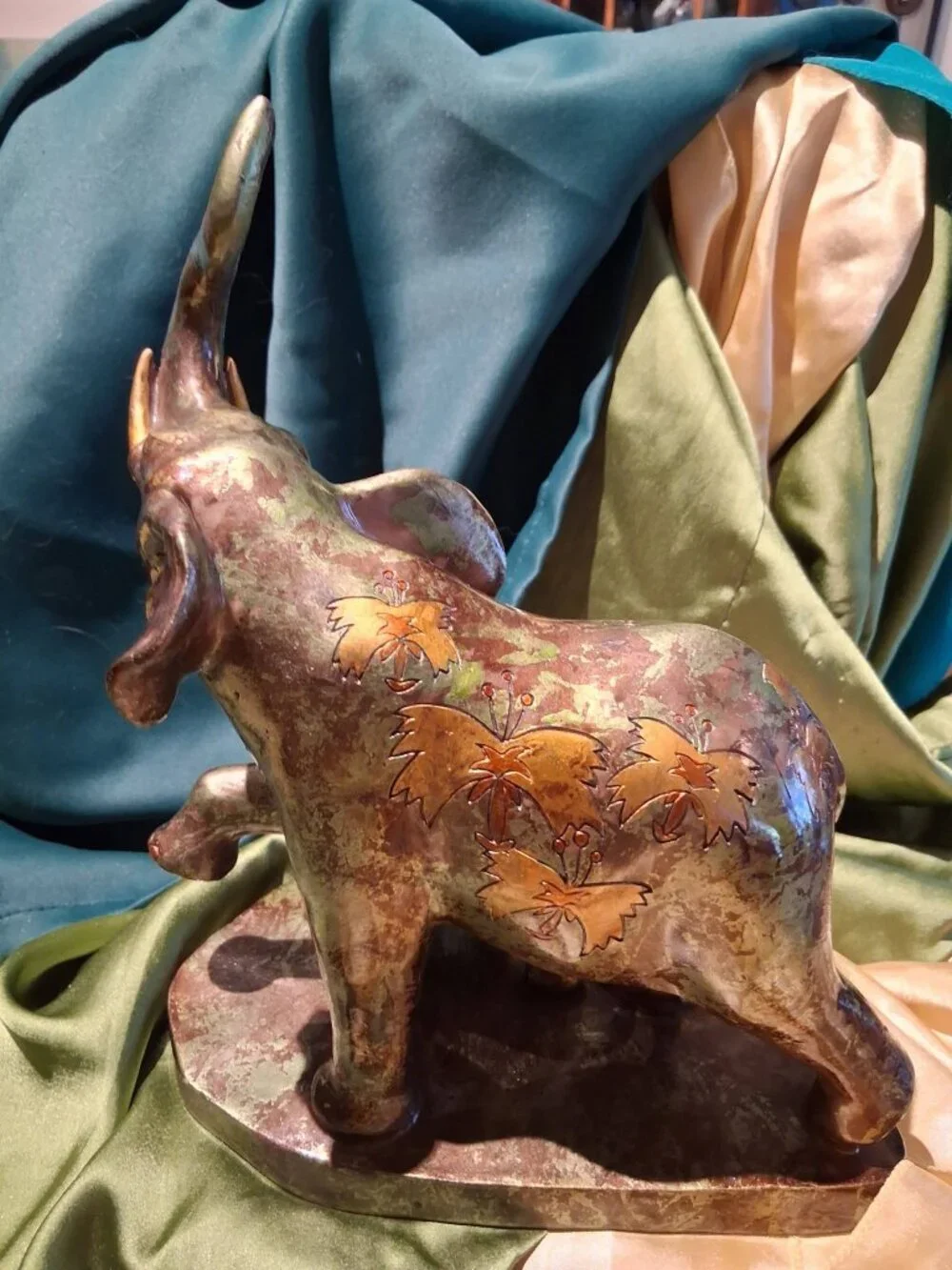 Vintage Turtle King Corp Elephant Family Figurine Mother & Calf Trunk Up Metalli